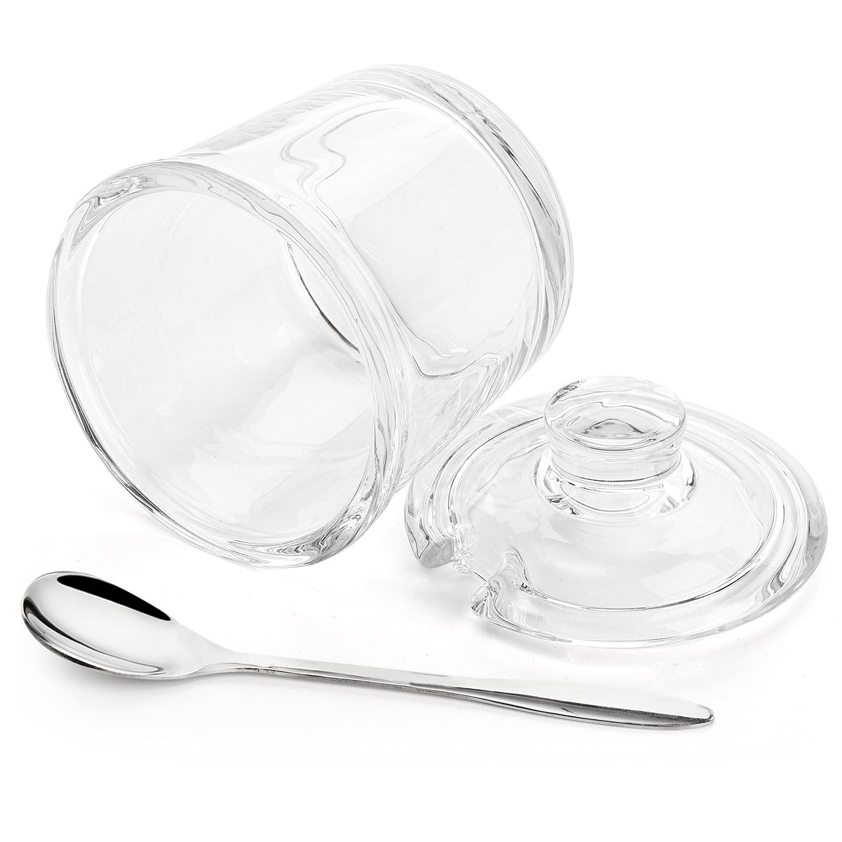 ZEAYEA Set of 2 Clear Glass Sugar Bowl, 6 Ounce Seasoning Box Condiment Pots with Spoon and Lid, Sugar Spice Salt Canister for Home Kitchen, Coffee Bar, Restaurant