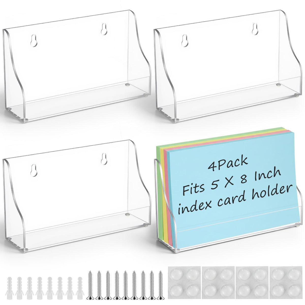 Dunzoom 4 Pack 5x8 Index Card Holder, 2-in-1 Desk & Wall Mounted Acrylic Index Card Display Stand, Includes Screws & Anchors, Clear Flash Notecard Organizer for Classroom, Office & Study