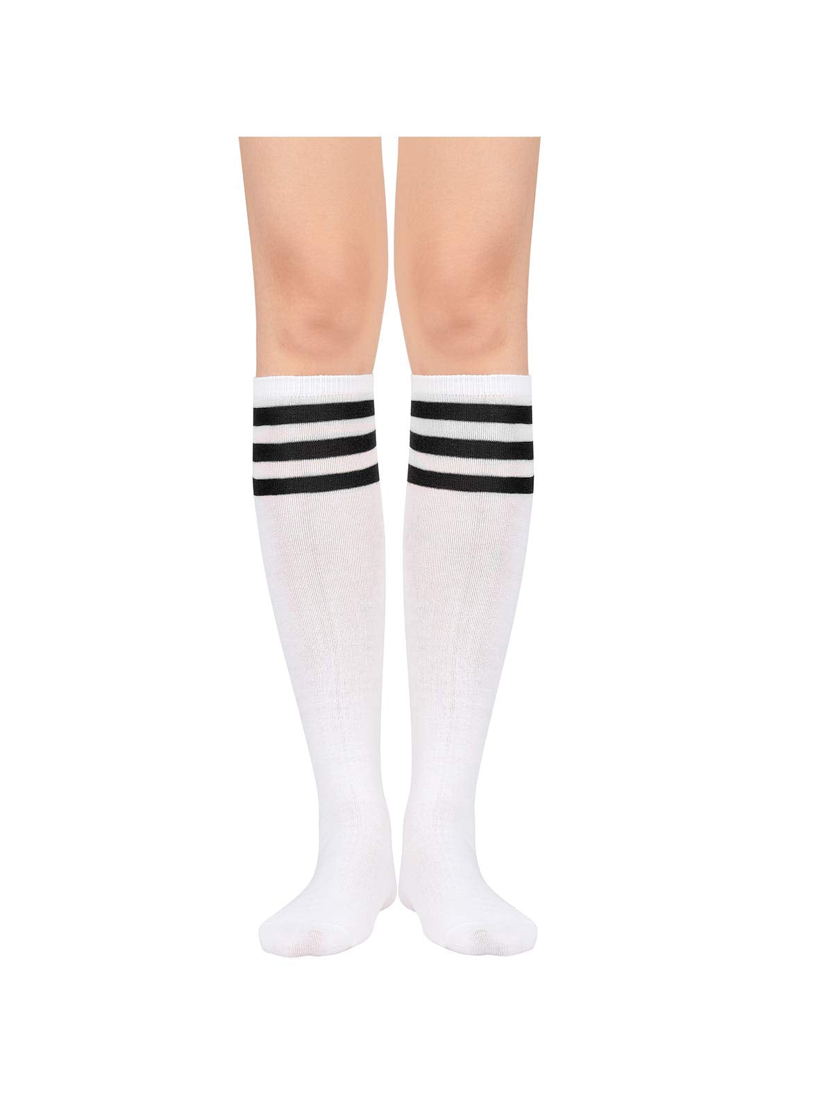 Century Star Women's Athletic Knee High Socks - Thin Stripes Tube High Stockings for Outdoor Sport - 1 Pack White Black One Size