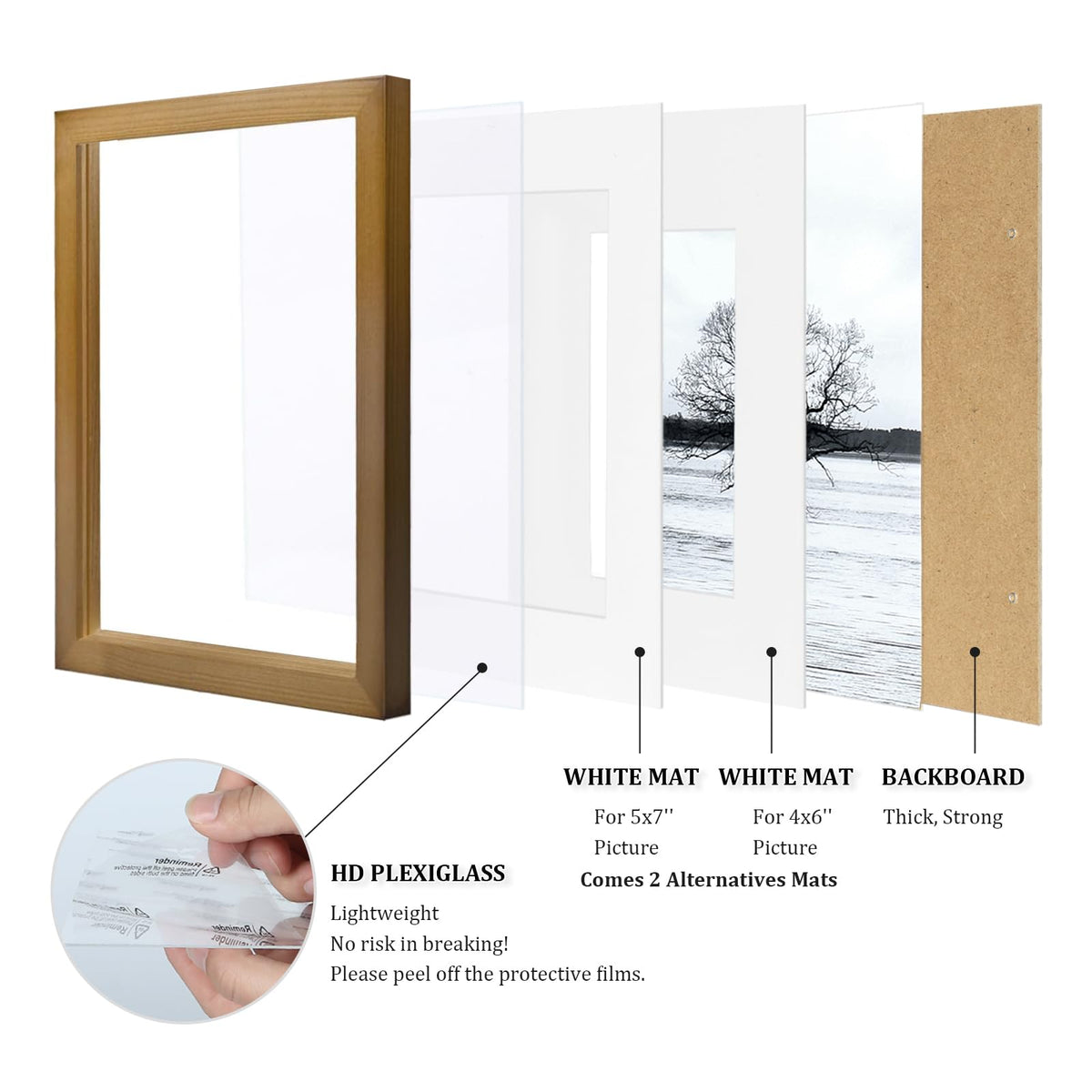 Egofine 8x10 Picture Frames 4 Pack, for Pictures 4x6 or 5x7 with Mat Made of Solid Wood Covered by Plexiglass for Table Top Display and Wall Mounting Photo Frames, Light Brown