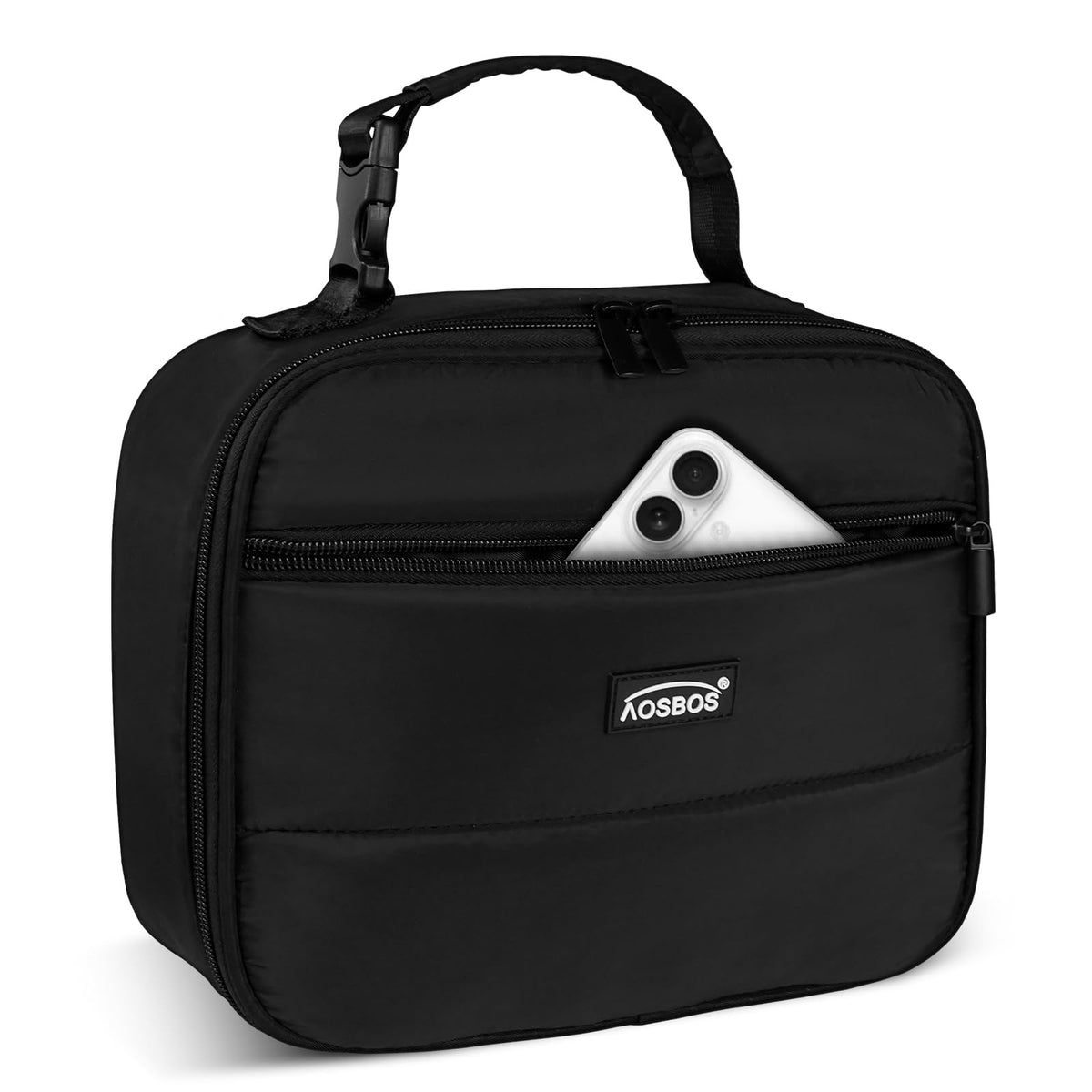 Aosbos Insulated Lunch Bag for Adults - Sleek Quilted Small Lunch Box Cooler for Work, Office - Soft, Portable Lunch Tote, Black