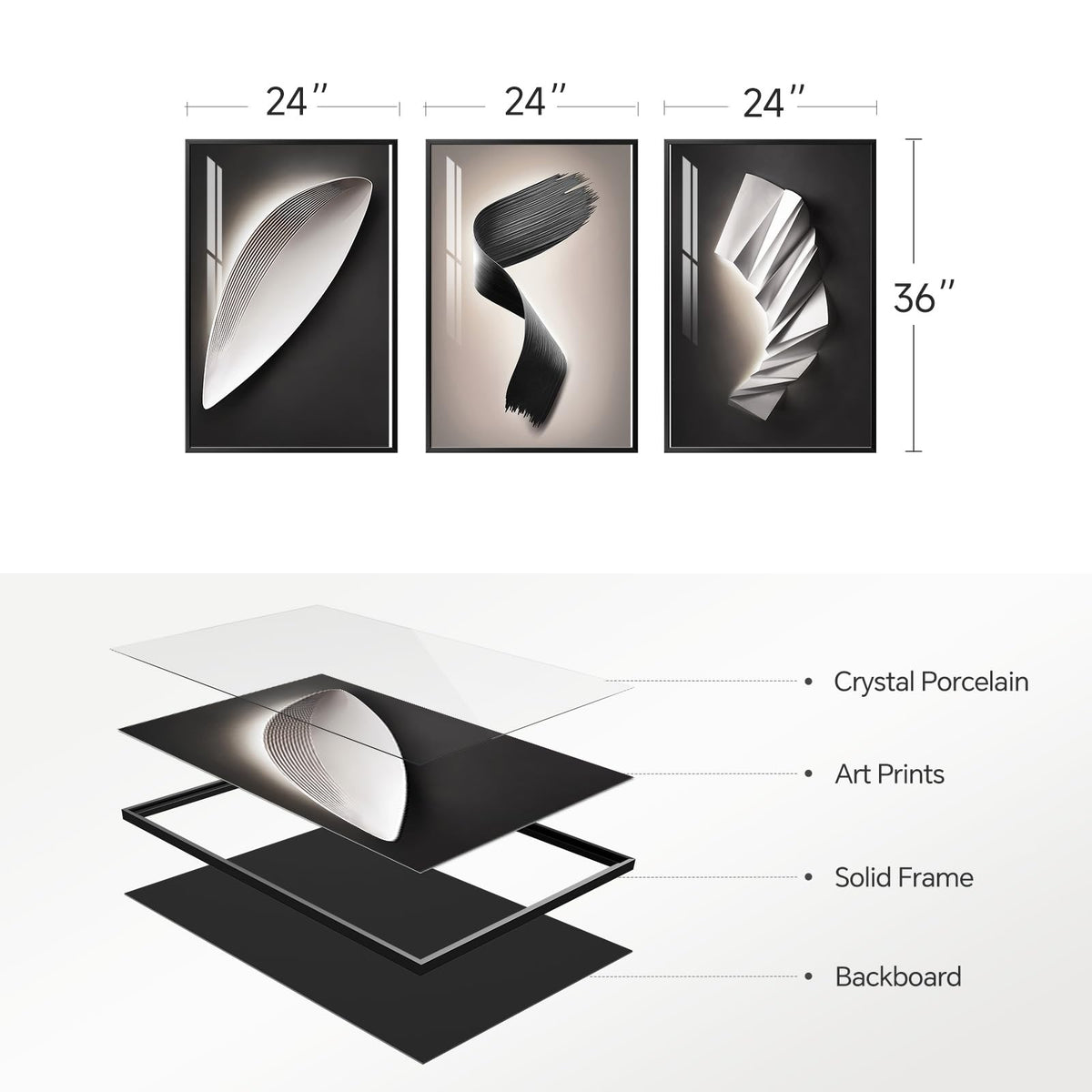 Large Framed Modern Wall Art for Living Room, 3 Piece Black and White Abstract Contemporary Pictures Artwork Decor, Geometric Luxury Bright Style Prints Paintings for Hallway and Office 24x36 Inch