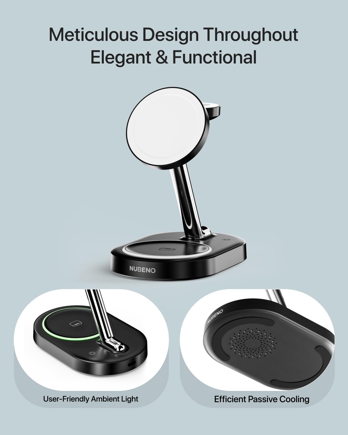 Nubeno Fast Charging Station for Magsafe Apple Devices, Wireless Charger Station for MagSafe iPhones, 3 in 1 Magnetic Charger Stand for iPhone 17/16/15/14/13/12, Apple Watch & AirPods(Blk)