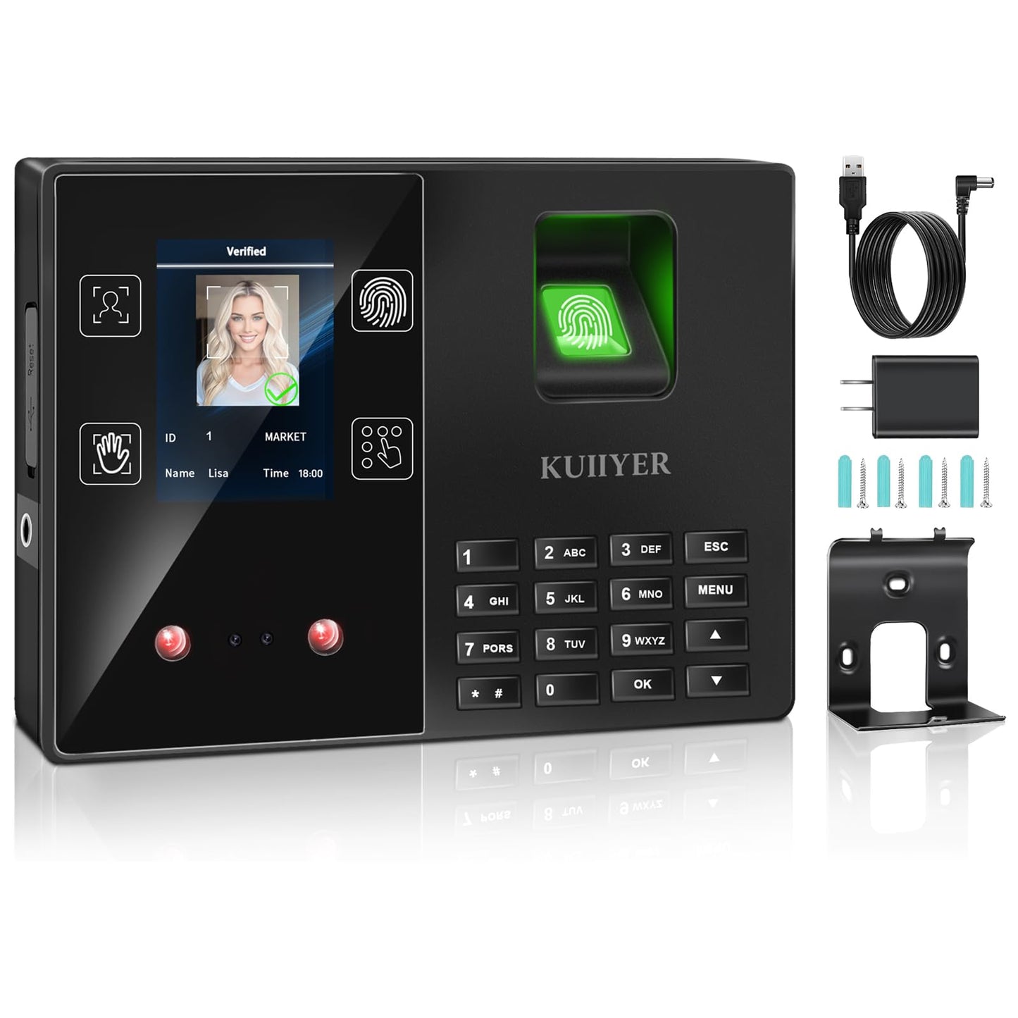 KUIIYER 4 in 1 Employees Time Clocks for Small Business (Face + Fingerprint + Palm Print + PIN) Employee Clock in & Out Machine Biometric Attendance Punch Clock Recorder Tracker (No Monthly Fee)