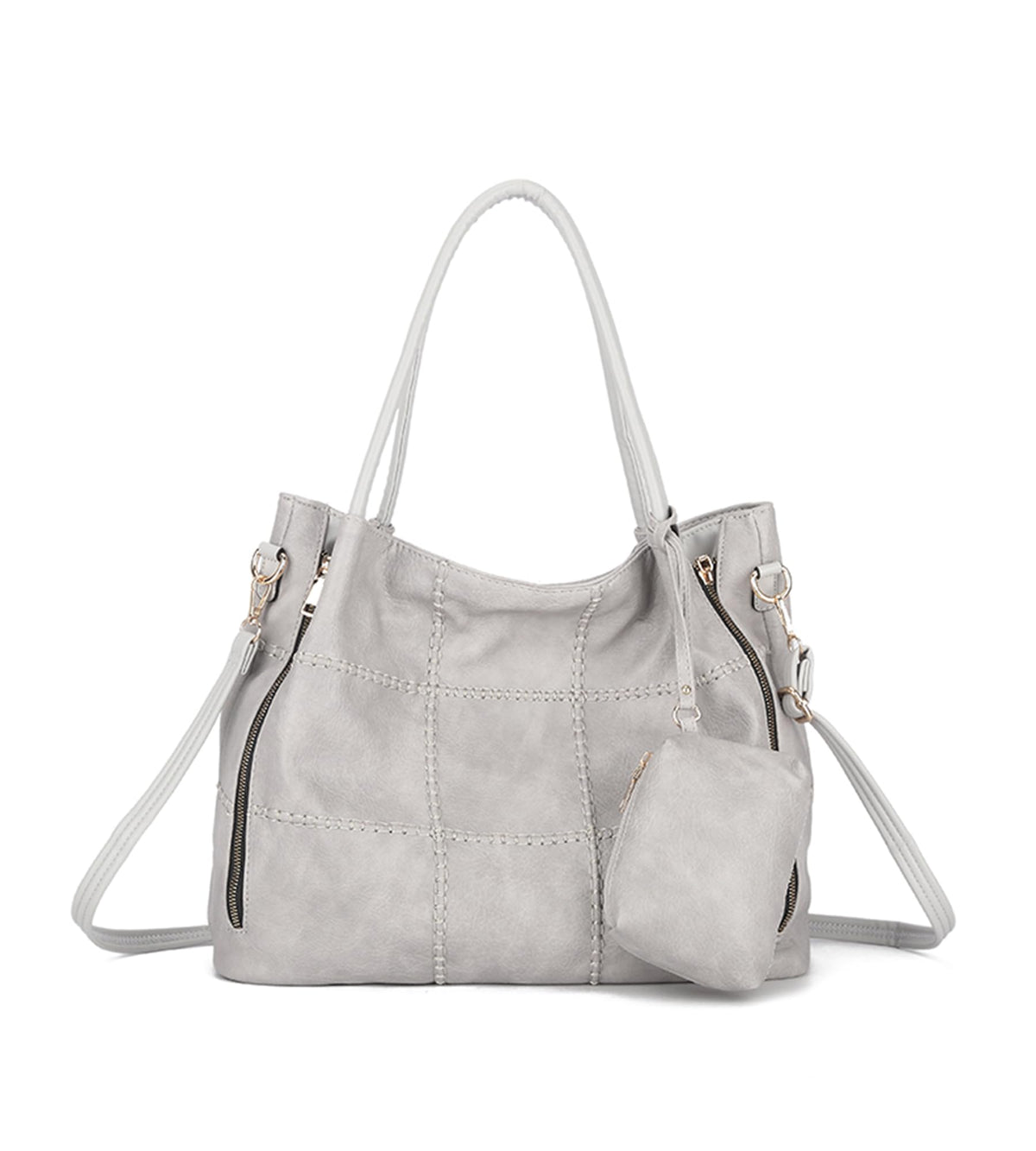 myfriday 2pcs Soft Faux Leather Tote Bag for Women Set, Slouchy Shoulder Handbag Vintage Top Handle Purse with Coin Purse (Grey)