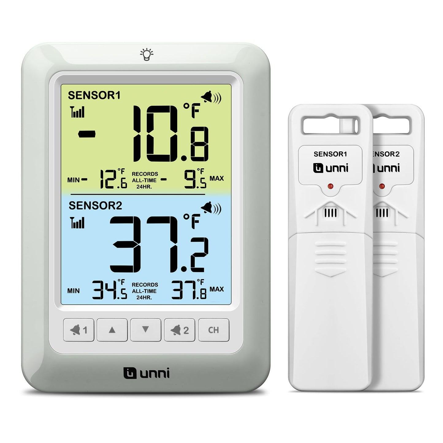 U UNNI Refrigerator Thermometer with Alarm, Digital Wireless Fridge and Freezer Thermometer, Max Min Temperature Records with Magnetic & Stand Options for Home Restaurant