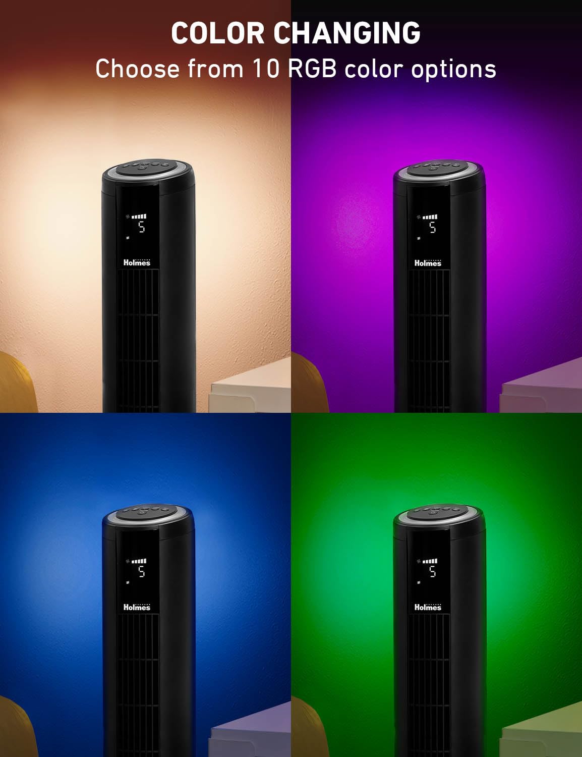 HOLMES 42" Digital Tower Fan with Accent Light, ClearRead Display, High/Low Brightness Level, 90° Oscillation, 5 Speeds, 4 Modes, 8-Hour Timer, Home, Bedroom or Office, Remote Control, Matte Black