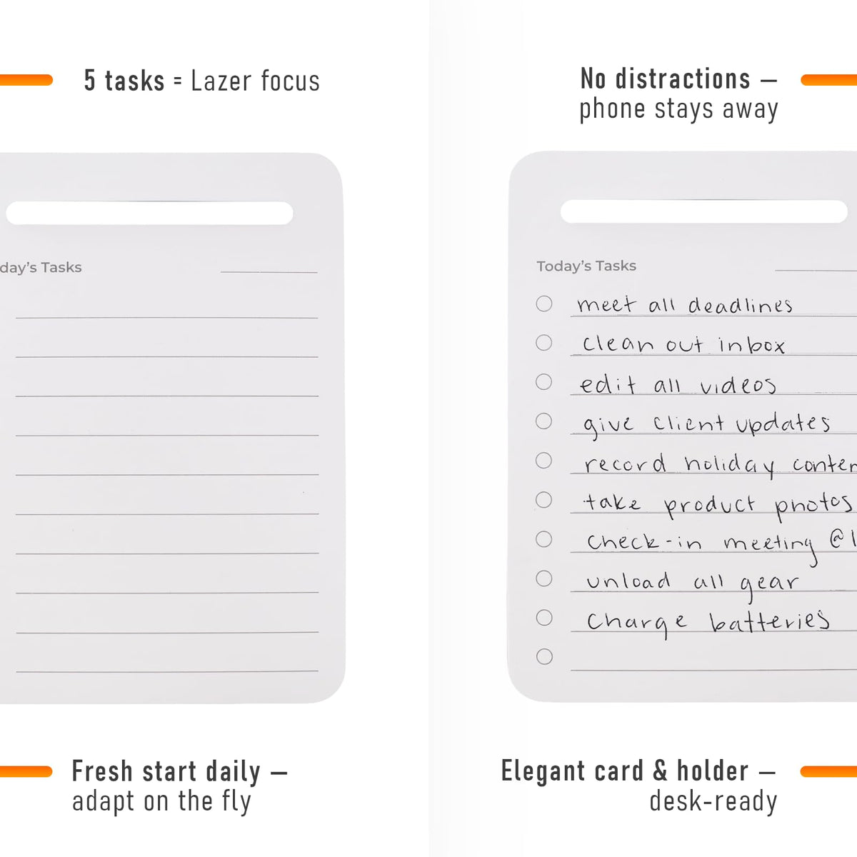 Mayurki Unstoppable Tasks – 31 Blank Daily To-Do Cards with Aluminum Desk Card Holder, Minimalist Office Productivity To-Do Cards, Modern Desk Gift for Teams, Managers & Students (Black)