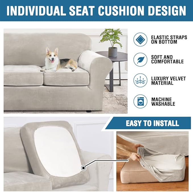 H.VERSAILTEX Modern Velvet Plush 4 Piece High Stretch Sofa Slipcover Sofa Cover