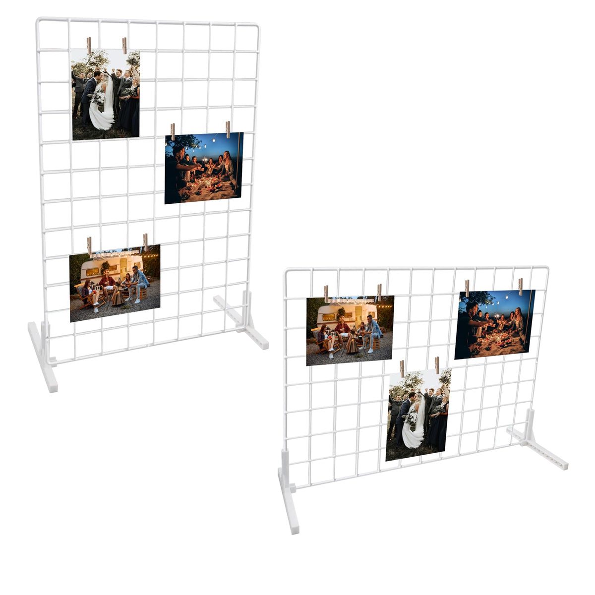 2 Sets Grid Wall Countertop Decorative Panel for Photo Display, Tabletop & Wall Mounted Display Wire Gridwall with T-Base, Mini Wood Clips & Adhesive Hooks for Shows Retail Crafts Artistic Drawings