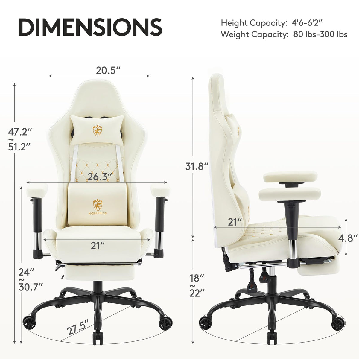 Morkprism Gaming Chair,Computer Office Chair with Footrest,Massage Lumbar Support and Gel Pad,Ergonomic Reclining Leather Gamer Chair with Headrest,Adjustable Armrests and Spring Cushion Ivory