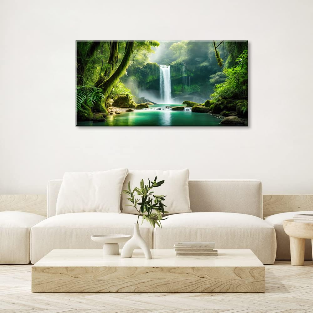Lasdel Calm Waterfall Landscape Wall Art for Living Room Office Emerald Green Canvas Painting Prints Large Scenic Nature Artwork Dining Room Kitchen Bathroom Hallway Bedroom Decor (20x40 Inches)