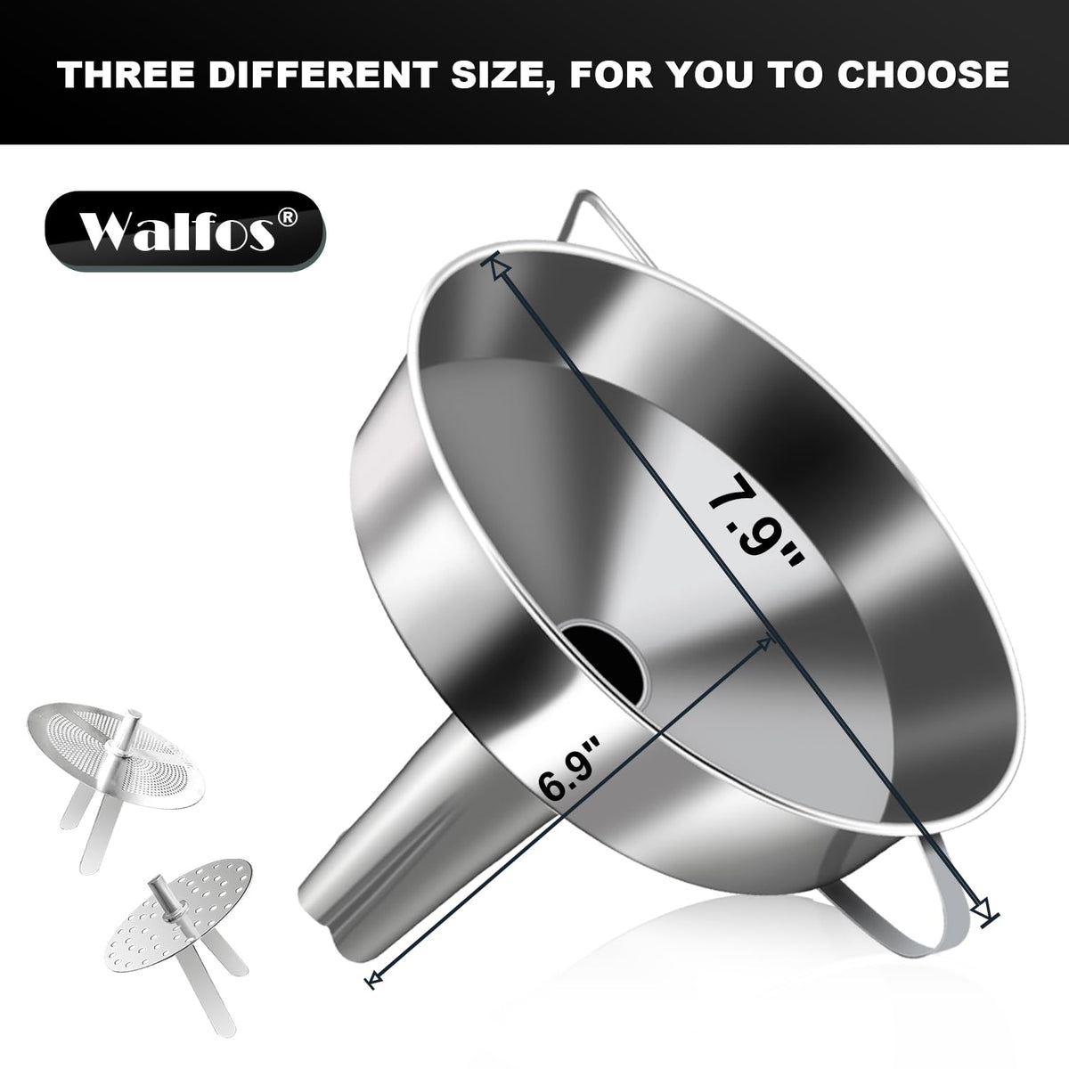 Walfos Extra Large Stainless Steel Funnel with Venting Slot, Kitchen Funnel with 2 Removable Strainer ＆ 1Pc Cleaning Brush, Perfect for Transferring Liquid, Oils, Jam, Dry Ingredients (Jumbo, 7.9")