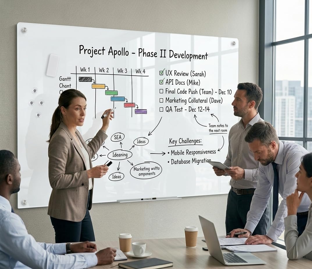 Magnetic Whiteboard, Glass Dry Erase Board 4' x 3' White Surface, White Board Frameless, Home School Supplies or Home Office Decor with Magnets, Markers, Eraser, Marker Tray