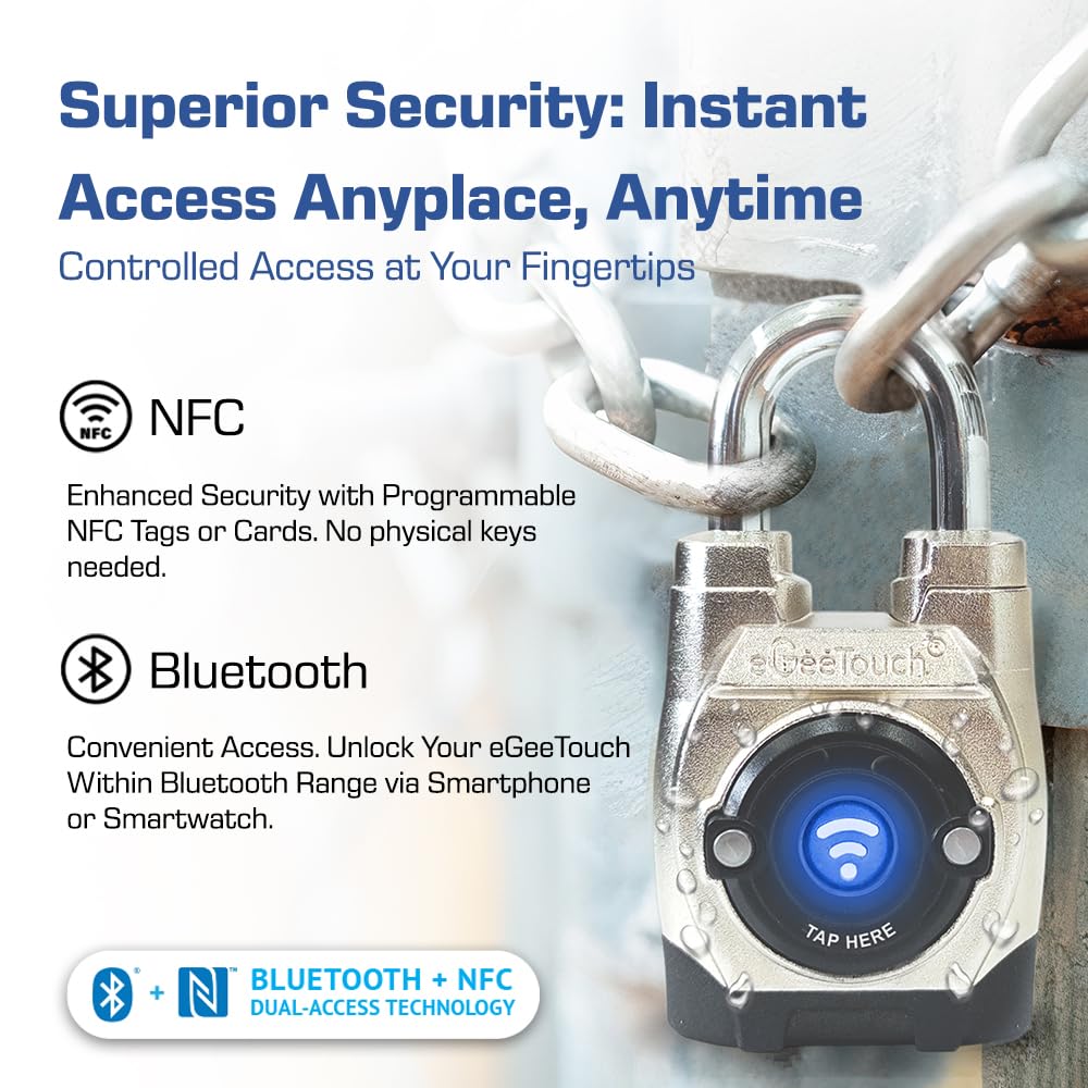 eGeeTouch 5th GEN Outdoor Smart Padlock – (Single, Short Shackle) Keyless Bluetooth & NFC Lock, Durable Weatherproof Security for Sheds, Gates, Bikes - Convenient App Control & Enhanced Safety