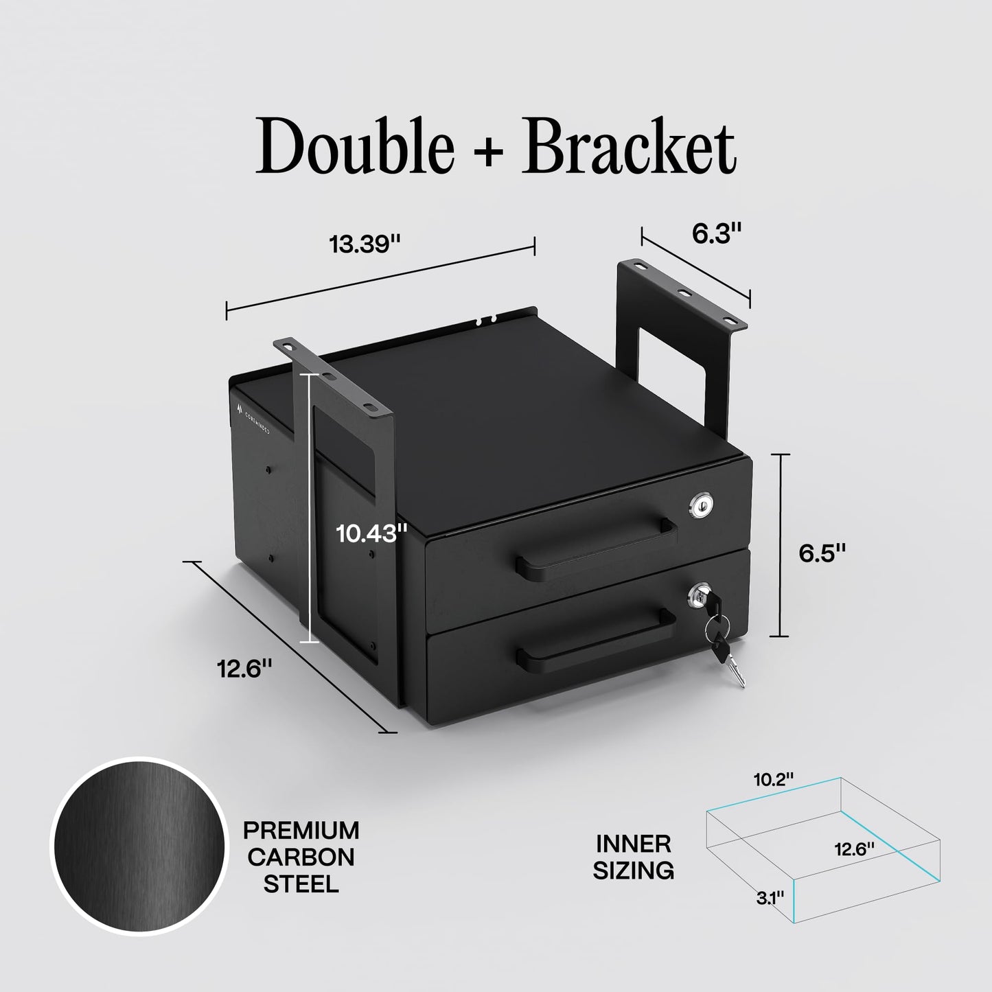 Under Desk Drawer Slide-Out – Lockable Metal Storage Drawers with Cable Management for Office & Home (Double, Bracketed)