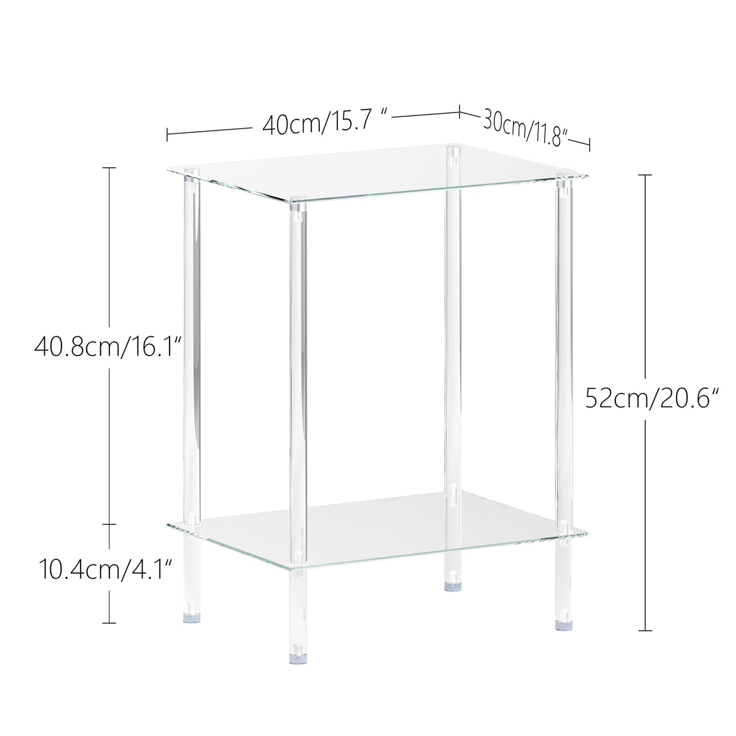 Tempered Glass Side Tables Set of 2 Acrylic End Table with 2 Storage Shelve transparent Bedside simplicity clear 2-Tier Nightstands small Spaces Office Bedroom Living Room Study Transparent ET-008TR
