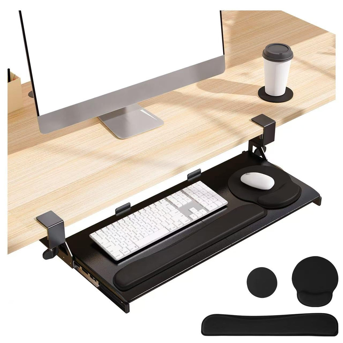 TEXENDO Keyboard Tray, 25 in. Pine Plastic, Keyboard tray Under Desk with Wrist Rest, Mouse Pad, Cup Mat, Lightweight Slide Out Tray, Easy Assemble Adjustable C clamp