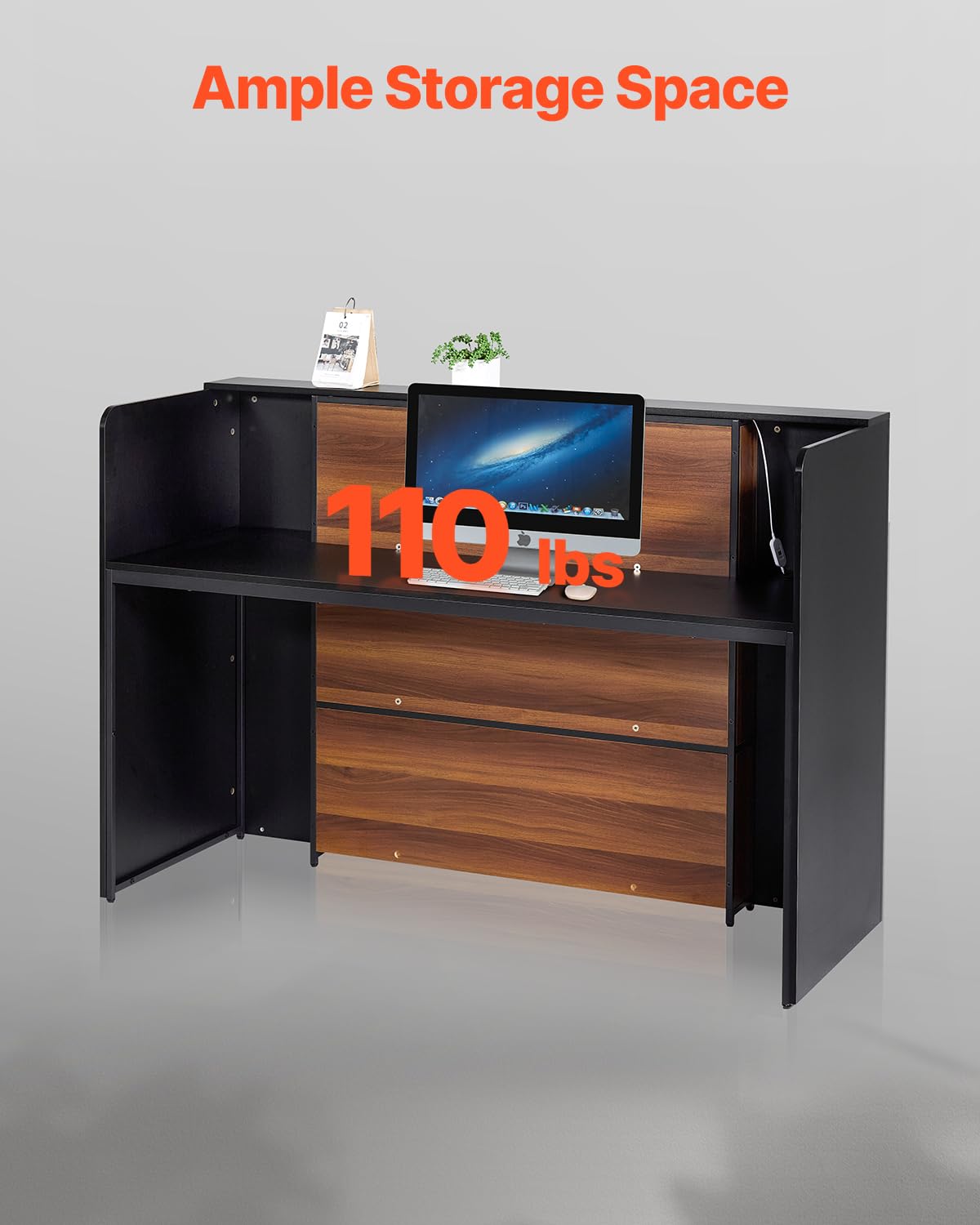 VEVOR Reception Desk, 62 Inch Rectangular Front Counter Table, Office Reception Desk Front Retail Counter with LED Light, for Checkout, Lobby, Beauty Salon and Office, Black & Brown