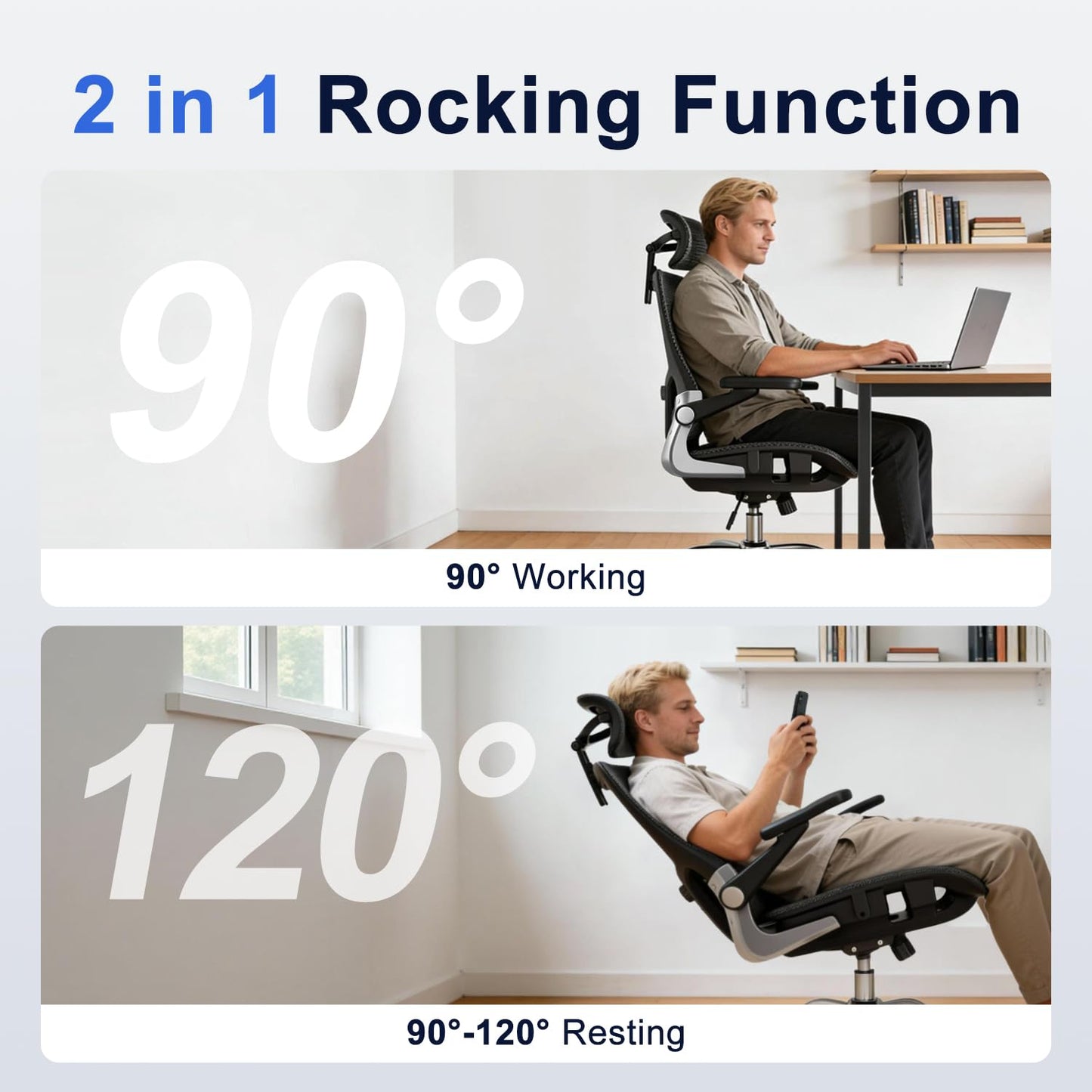 marrap Ergonomic Office Chair, Mesh Seat Cushion with 3D Armrests and 3D Headrest, Adjustable Lumbar Support with 90-120° Rocking Function, Black