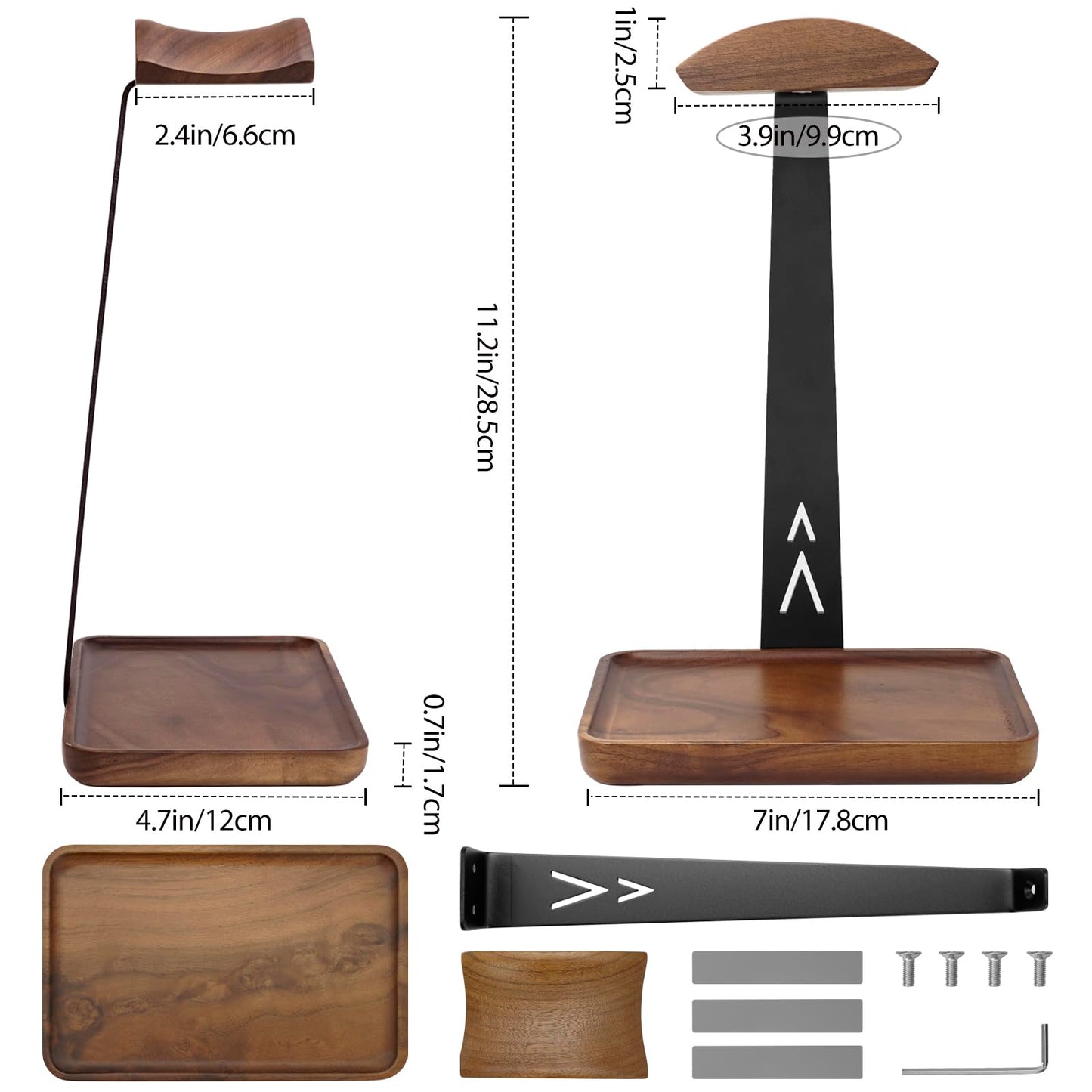 GEVO Walnut Headphone Stand, Wood Headset Stand for Desk, Universal Headphone Holder Gaming Headset Rack with Storage Base Compatible for AirPods Max, Bose, Razer, Sennheiser, Jabra, JBL, AKG