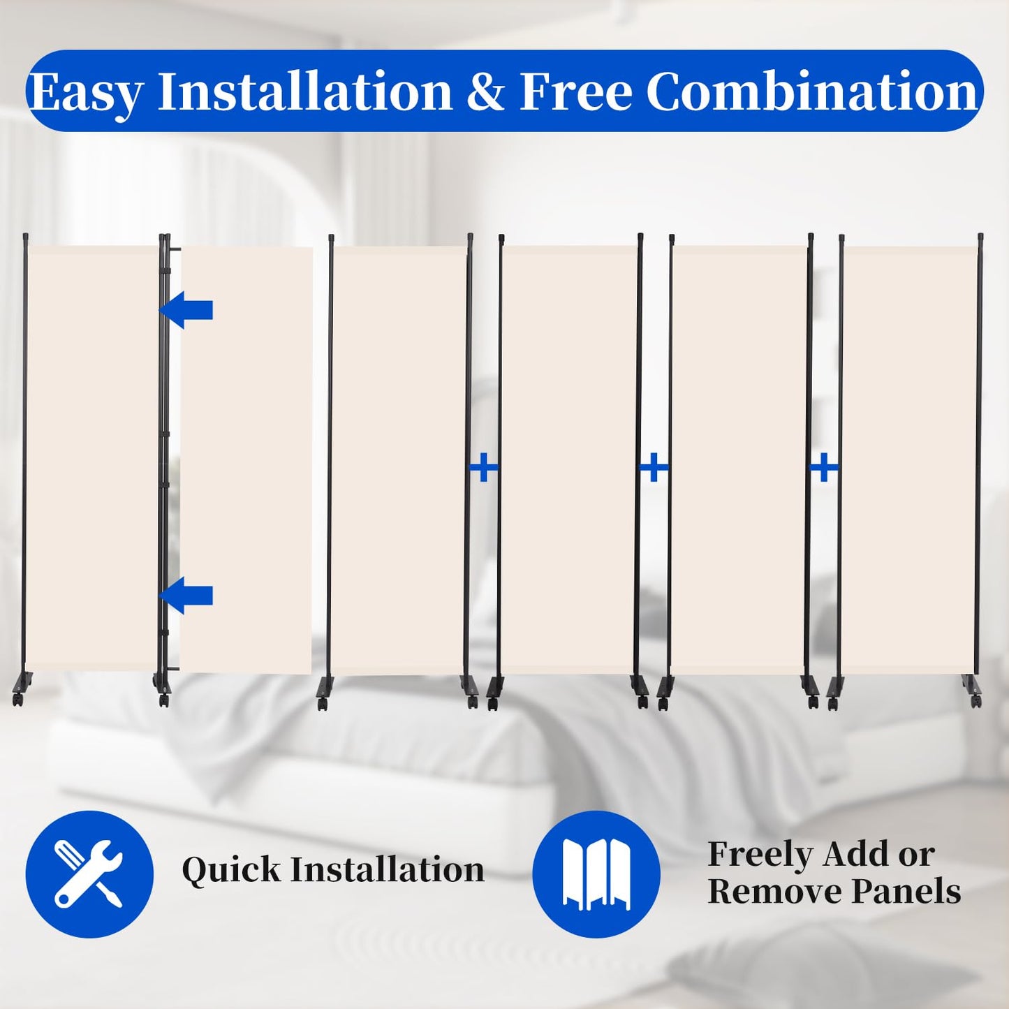 Room Divider 6FT Room Partition with Lockable Wheels, (Thicked Metal Base) Room Dividers, Freestanding Indoor Folding Privacy Screens, Portable Fabric Wall Divider for (Beige, 132"- 6 Panel)