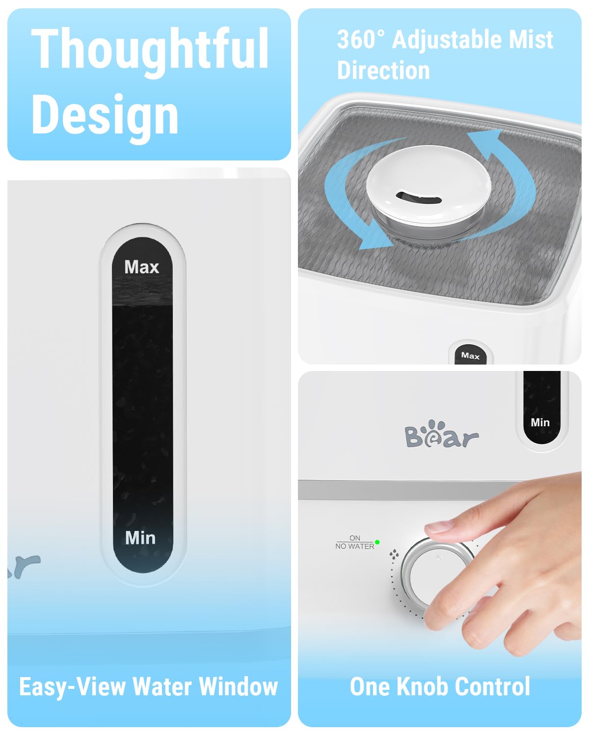Bear Humidifiers for Bedroom, 2.5L Cool Mist Humidifiers and Oil Diffuser, Quiet Rapid humidifiers for Home Whole House, with Adjustable Mist Output and Auto Shut-off, White