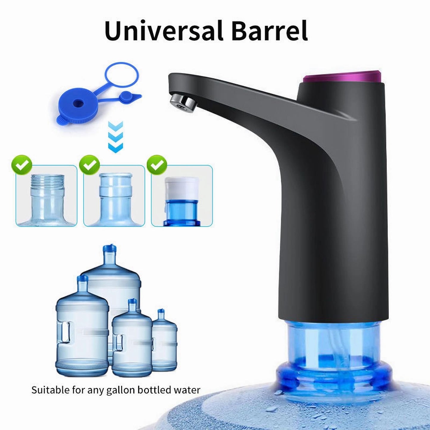HiPiCok 5 Gallon Water Pump, Water Dispenser for 5 Gallon Bottle, USB-C Rechargeable Water Jug Dispenser, Portable Automatic Water Pump for Home, Black
