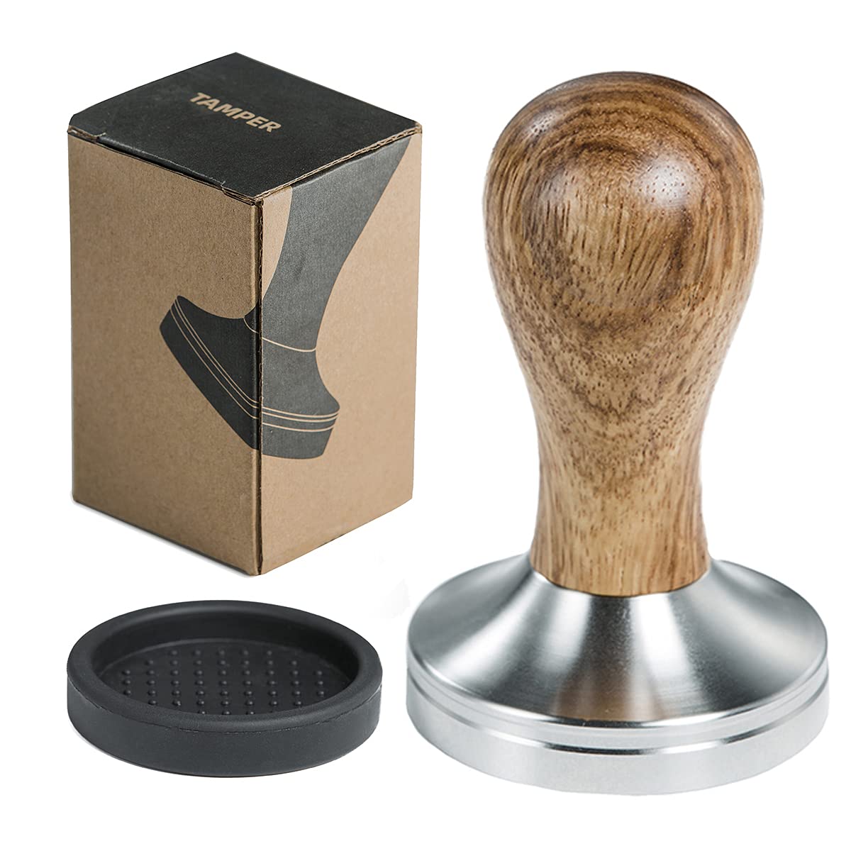 Ezebesta 58mm Coffee Tamper Espresso Press with Tamper Mat Tamper with 304 Stainless Steel Base Wooden Handle Barista Espresso Machines Accessory (58mm)