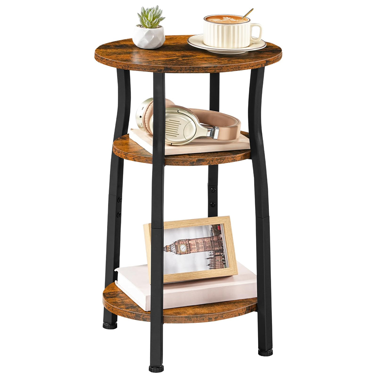HOOBRO Narrow End Table with Storage, 3-Tier Small Oval Side Table, Slim Bedside Table for Small Spaces, Corner Sofa Table for Living Room, Bedroom, Rustic Brown and Black BF258BZ01