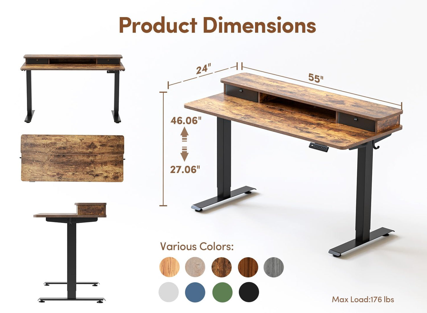 BANTI 55 x 24 Inch Electric Height Adjustable Standing Desk, Ergonomic Home Office Desk with Double Drawers, 4 Adjustable Feet & 2 Hooks, Computer Workstation for Study/Office, Rustic Brown