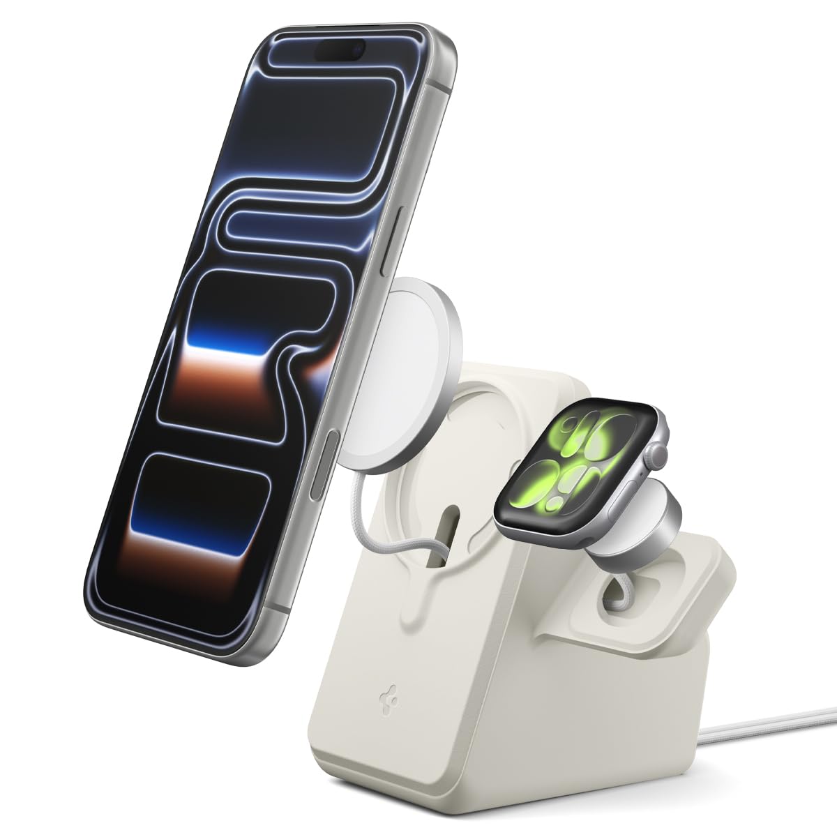 Spigen MagFit Duo Stand Designed for MagSafe Charger (25W) & Apple Watch Charger Holder for Desk Nightstand Premium Silicone Compatible with iPhone 17/16/15/14/13/12 All Apple Watches - Dune Beige