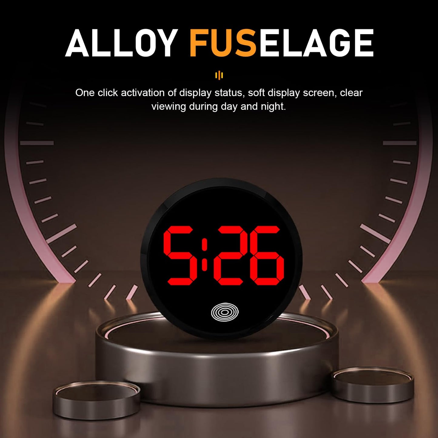 Zehiony Car Digital Clock, Touch Night Light LED Display Screen Clock, Round Shock-Resistant Alloy Dashboard Watch with 12H System, Self-Adhesive Mini Watch for Car & Home & Office (Red)