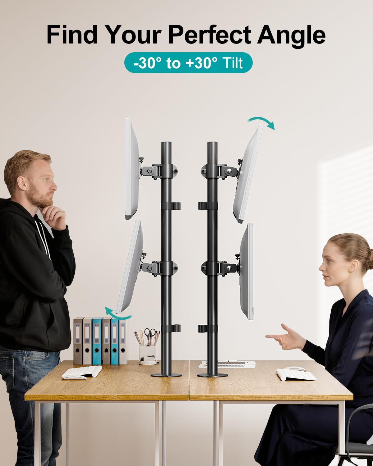 MOUNT PRO Vertical Dual Monitor Stand, Stacked Monitor Mount for 2 Monitors Up to 32 inches, Computer Monitor Arm with Swivel, Tilt, Height Adjustable, Each Monitor Desk Mount Holds up to 17.6 lbs