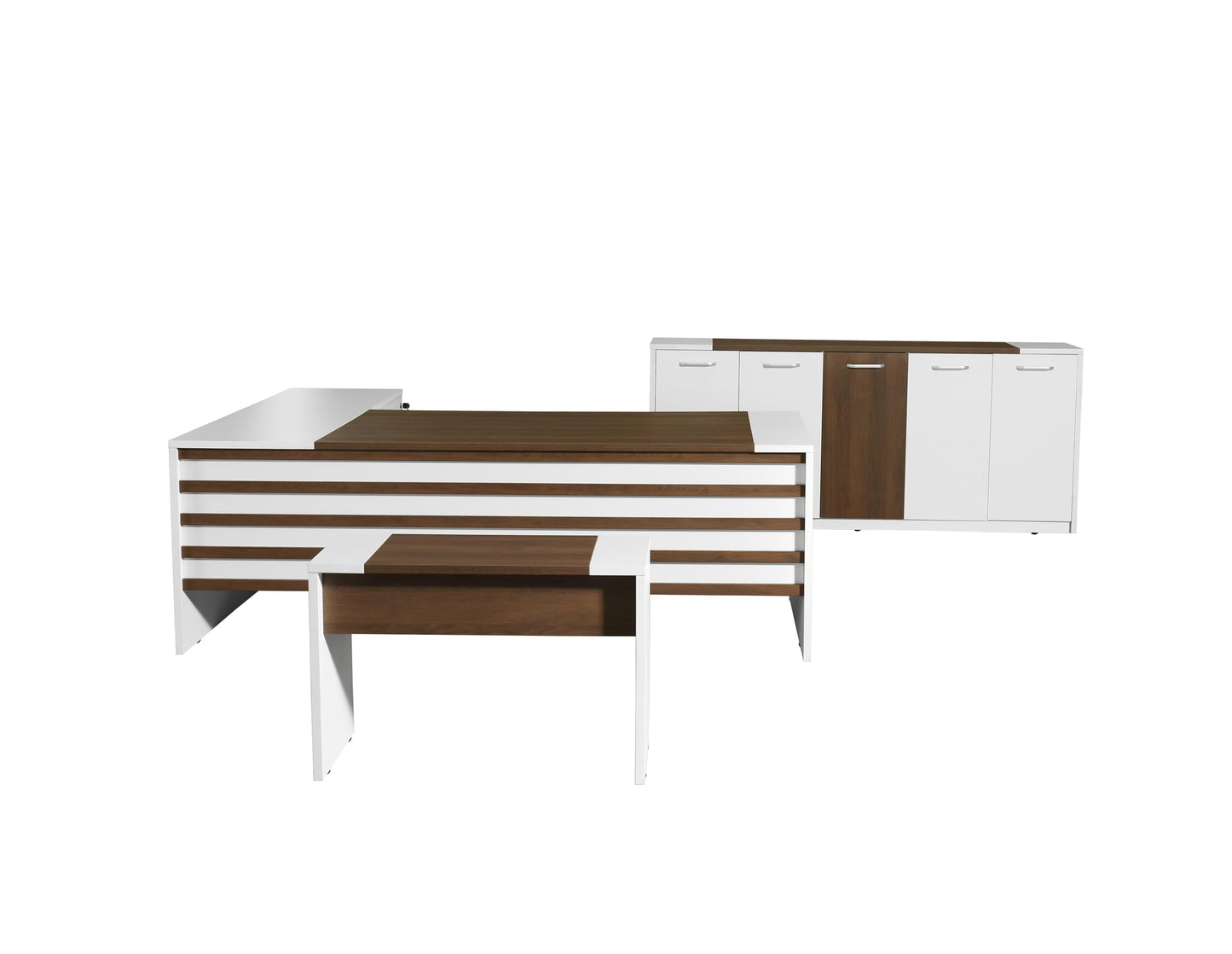 Leon 87" Wood Office Furniture Set of 3pcs | Executive Right Side L Shaped Corner Desk & File Drawers w/Telescopic Rail | Coffee Table | Storage Cabinet w/Chrome Handles | Modern Home Workstation