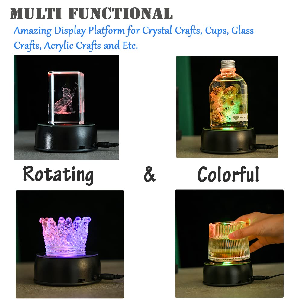 IFOLAINA Rotating Display Stand Led Light Base Colorful Lighted Spinning Statue Tumbler Display Platform for Cup Bowl Trophy Crystal Glass Art - Black