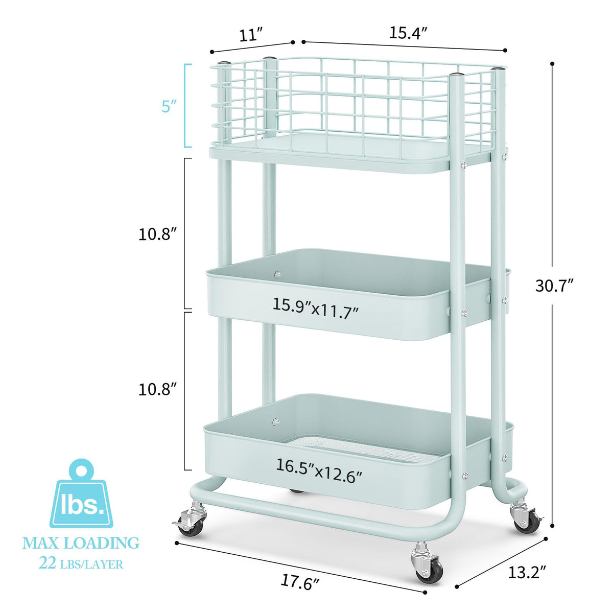 KINGRACK 3 Tier Rolling Cart, Metal Mobile Storage Shelf with Lockable Wheels, Prevent Falling Utility Trolley Cart, Storage Organizer for Kitchen, Office, Bathroom, Dorm, Green