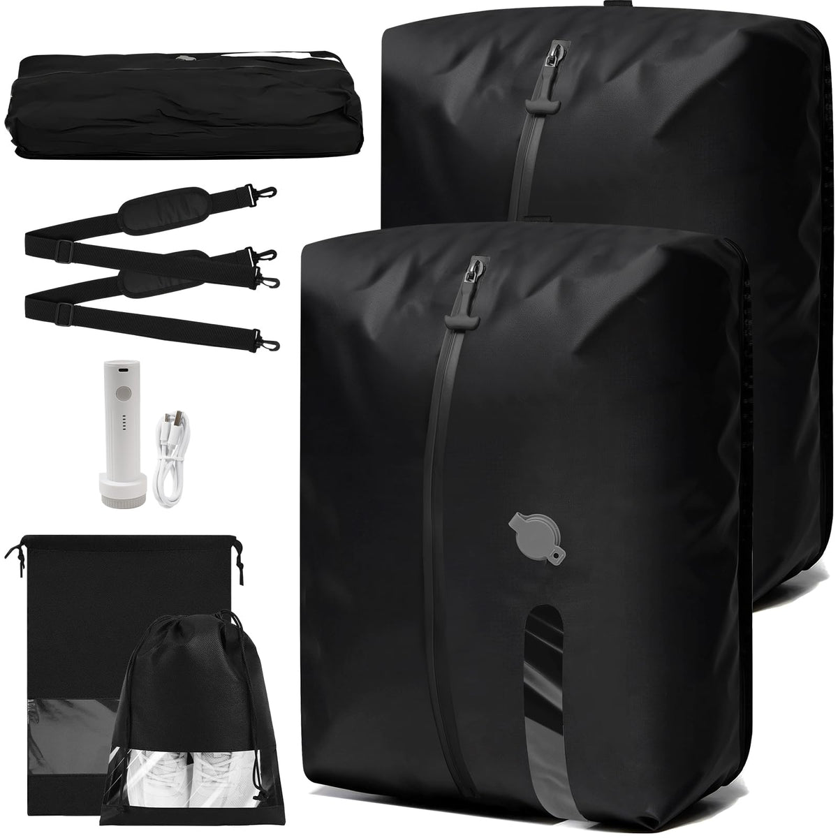 TOLDATLI Vacuum Travel Bags With Pump,Vacuum Seal Bags For Clothing Travel,Ip67 Waterproof Vacuum Bags For Travel,Compression Packing Cubes With Suitcase, Luggage,Backpack (2pcs + Pump+Shoe Bags)