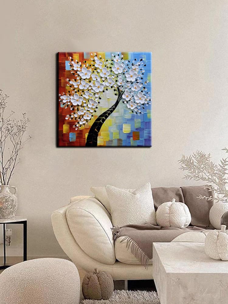 YaSheng Art - 24x24inch Wall Art,Hand Painted oil painting, Modern Abstract Floral Oil Painting, Dining Room Wall Decor, Bedroom Wall Decor, 3D Textured Framed White Floral Paintings, Modern Home Office Wall Decor
