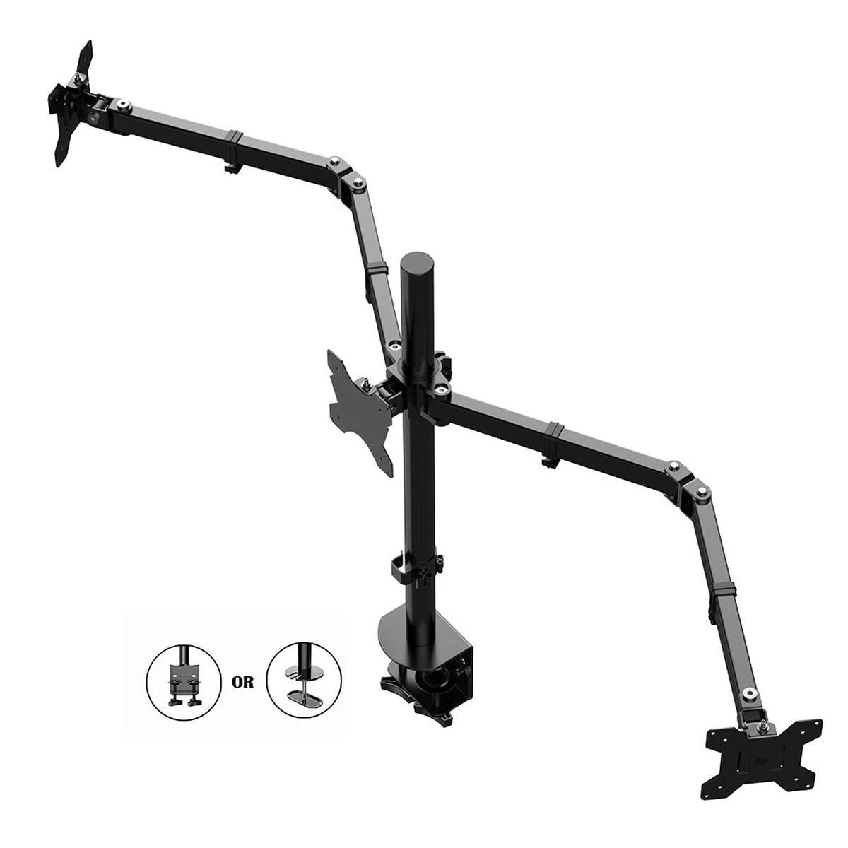 Rocelco Premium Triple Monitor Desk Mount - Standard Pattern Fits 13" - 27" LED LCD Flat Computer Screen - Three Articulated Full Motion Adjustable Arms - Grommet and C Clamp - Black (R DM3)