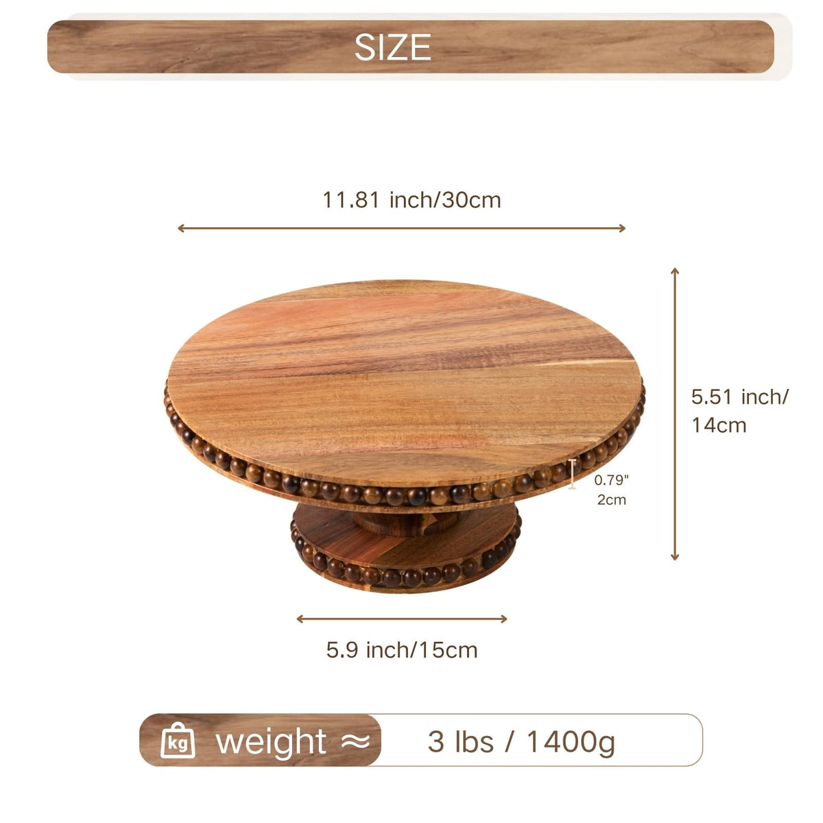 THORNIA Acacia Wood Cake Stand with Handcrafted Beaded Edge - 12 inch Round Decorative Tray & Display Stand for Wedding, Rustic Home Decor, Centerpiece, Desserts, Vanity or Coffee Table