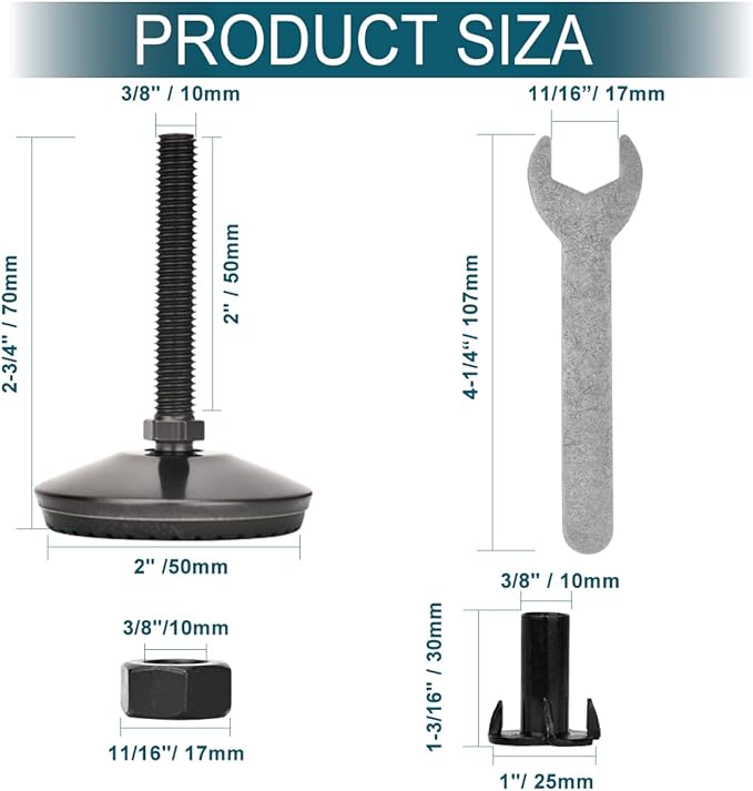 4 Set M10 Leveling Feet with 4-Pronged T Nut, Adjustable Leg Levelers Heavy