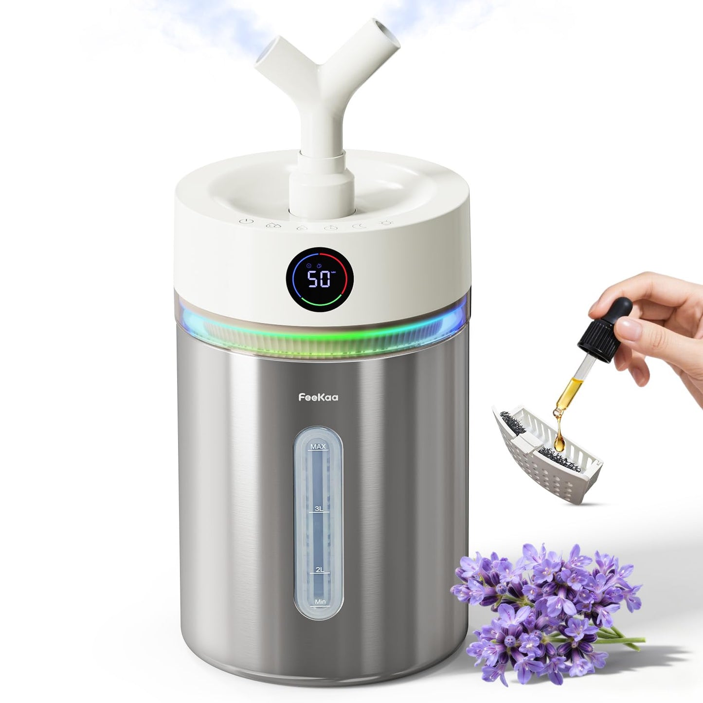 Feekaa Stainless Steel Humidifier, 4L/1Gal Cool Mist Humidifiers for Bedroom, Easy to Clean Dishwasher Safe Humidifier Large Room with Diffuser, Humidifiers for Baby Nursery Living Room Office Plant