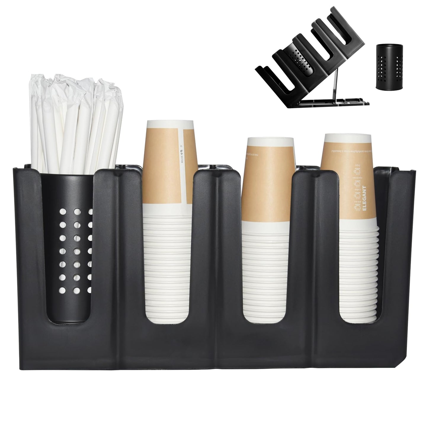 Cup Holder Lid Dispenser with Straw Organizer,4 Compartment 7 Adjusting,Disposable Paper Cup Storage Organizer for Breakroom Countertop Coffee Station Bar Restaurant Beverage Kitchen Coffee Truck