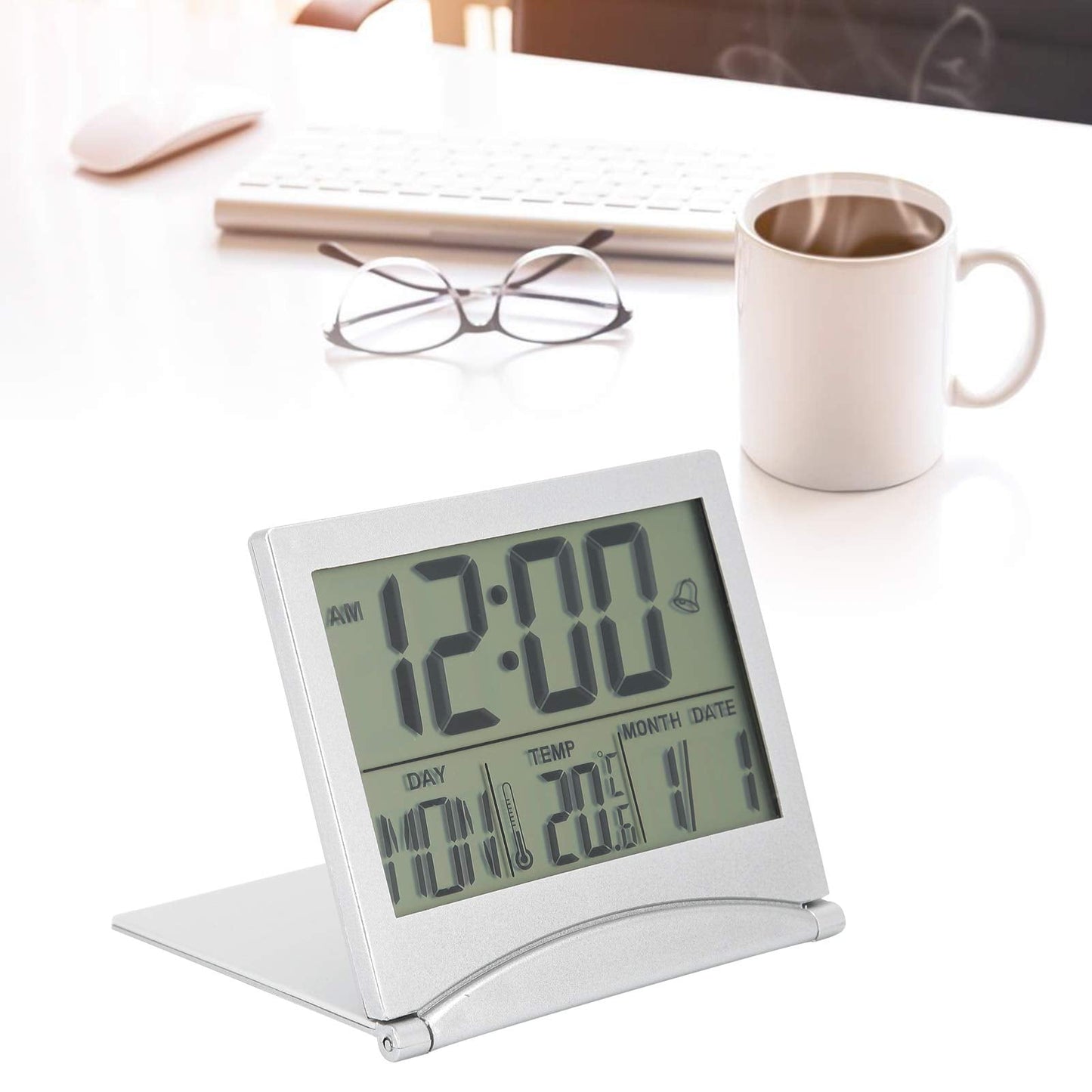 Aqur2020 Electronic Compact Alarm Foldable Calendar Easy to Read Atomic Desktop Clock Auto Set Digital Alarm Clock Screen with Time/Date/Temperature Display- Perfect for Nightstand or Desk