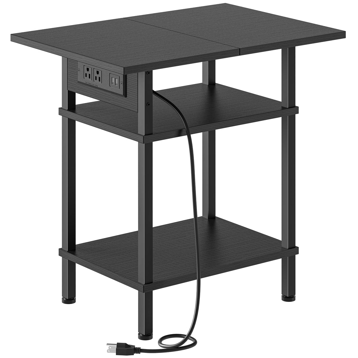 Asgolion Side Table with Charging Station, Skinny Nightstand with USB Ports and Outlets, 3 Tier Narrow End Table with Storage for Bedroom, Living Room, Office, Black