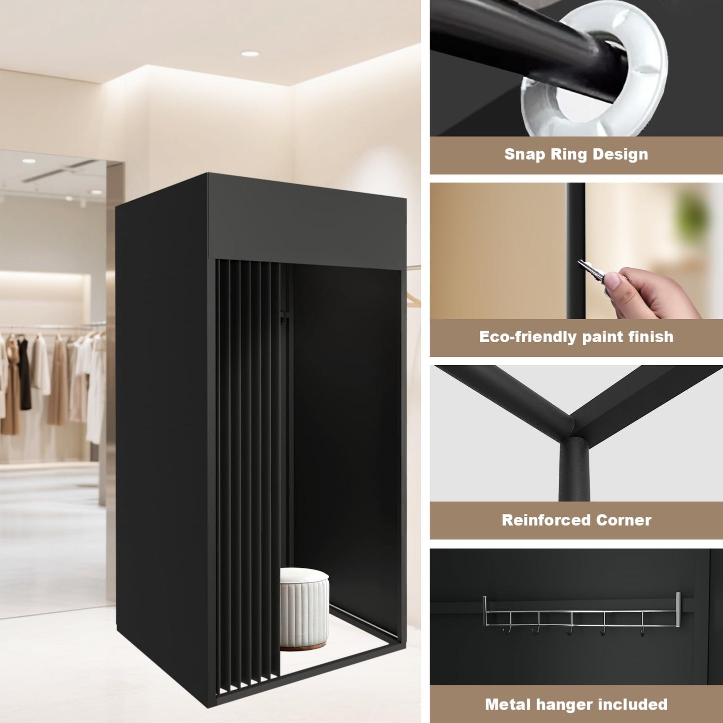 Pengfei Portable Fitting Room, Dressing Room Frame with Curtain and Hook, Changing Room for Clothing Store, Boutiques, Office, Temporary Privacy Space, Easy to Assemble, Black, 39x39x79 inch