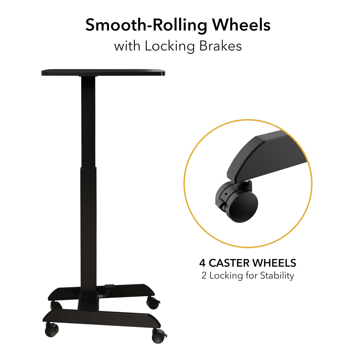 Mount-It! Rolling Laptop Desk Adjustable Height (29.6”-44.2”), Mobile Workstation Cart with 23.6” x 20.5” Desktop, Small Sit-Stand Desk for Home, Office, or Classroom in Black