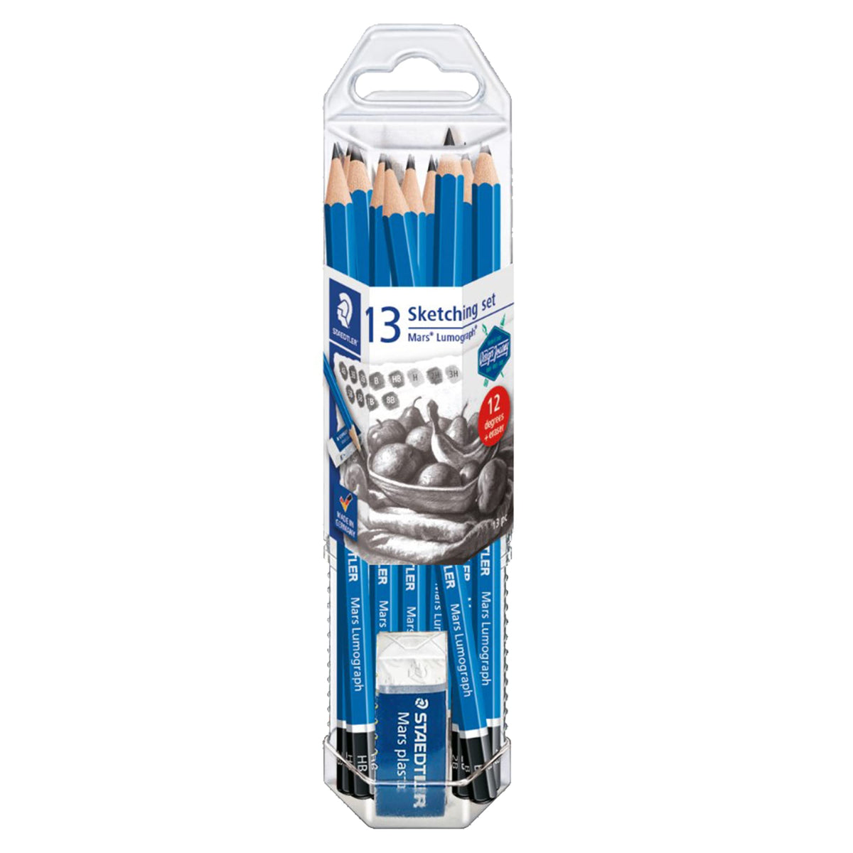 Staedtler Mars Lumograph Graphite Artist Pencil Pack, 12 Degrees (8B, 7B, 6B, 5B, 4B, 3B, 2B, B, HB, F, H, 2H), Mars Plastic Eraser, 61 100 P