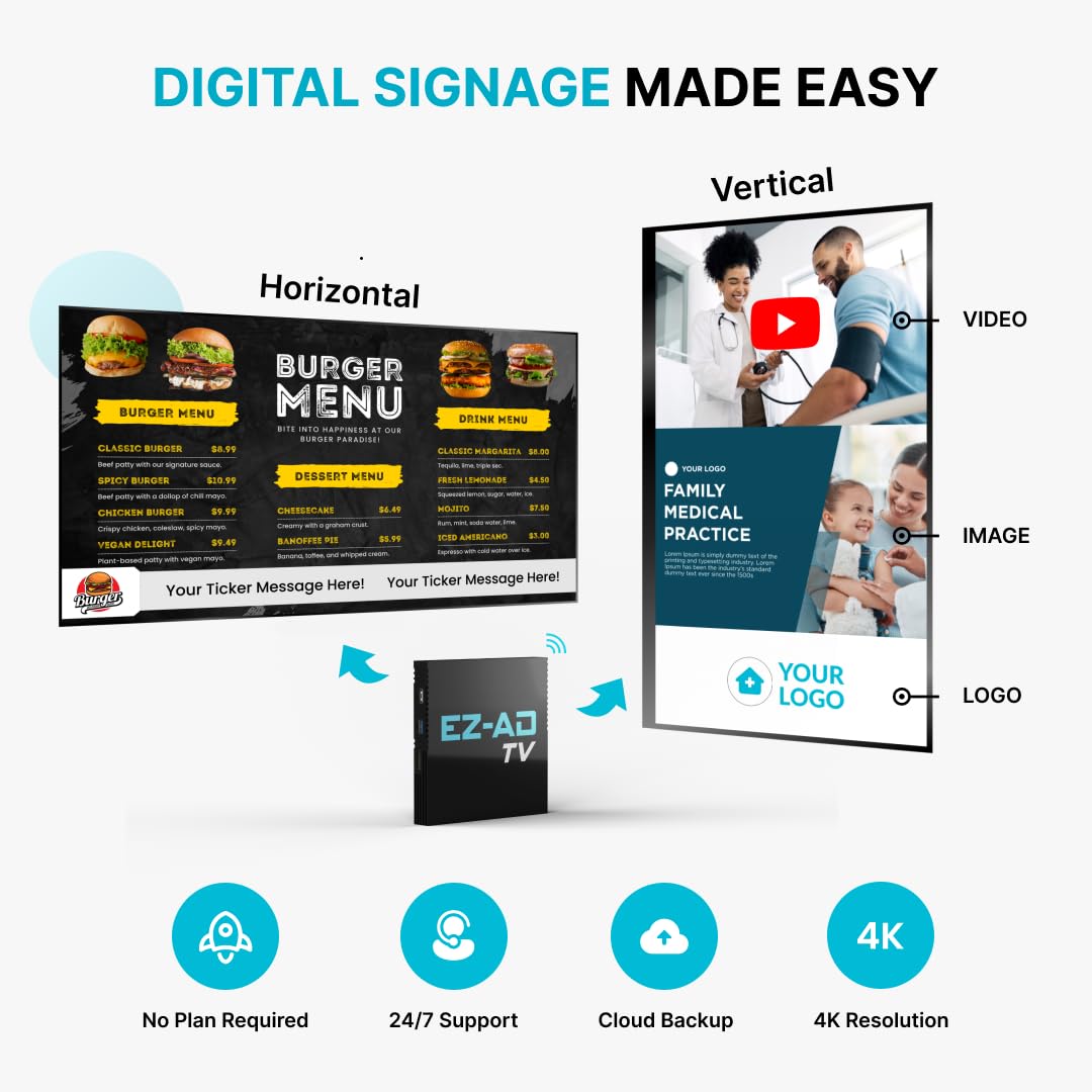 EZ AD TV Digital Signage Player - Signage For Business & Electronic Menu Board- Auto-Post Content On Digital Display Board, Cloud Controlled 4K Media Player + Mobile App W Free AI Designer & Templates